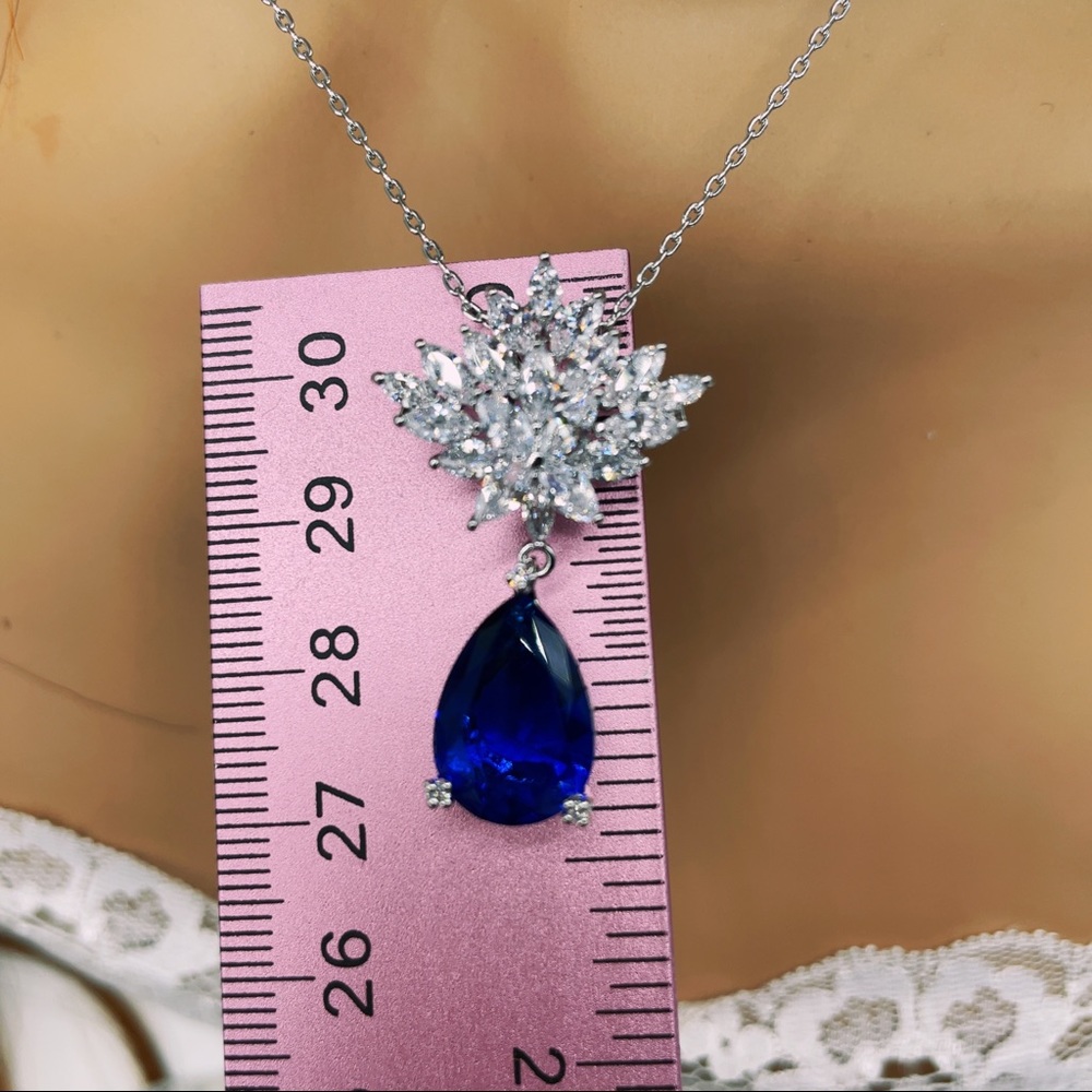 S925 Silver Luxury statement blue sapphire cz necklace drop - Picture 5 of 7